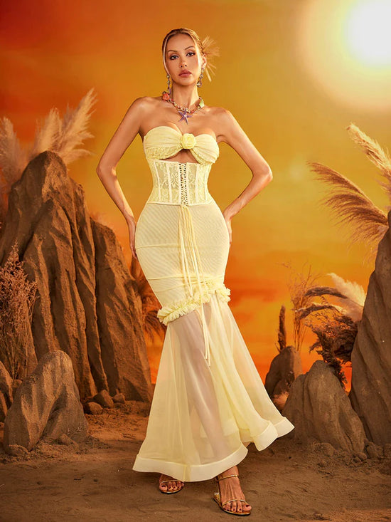 Yellow  Strapless Lace Up Mesh Maxi Dress