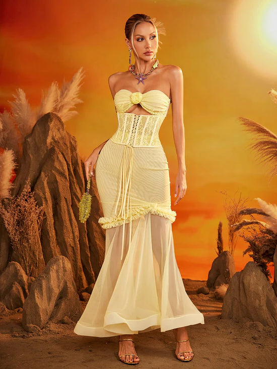 Yellow  Strapless Lace Up Mesh Maxi Dress