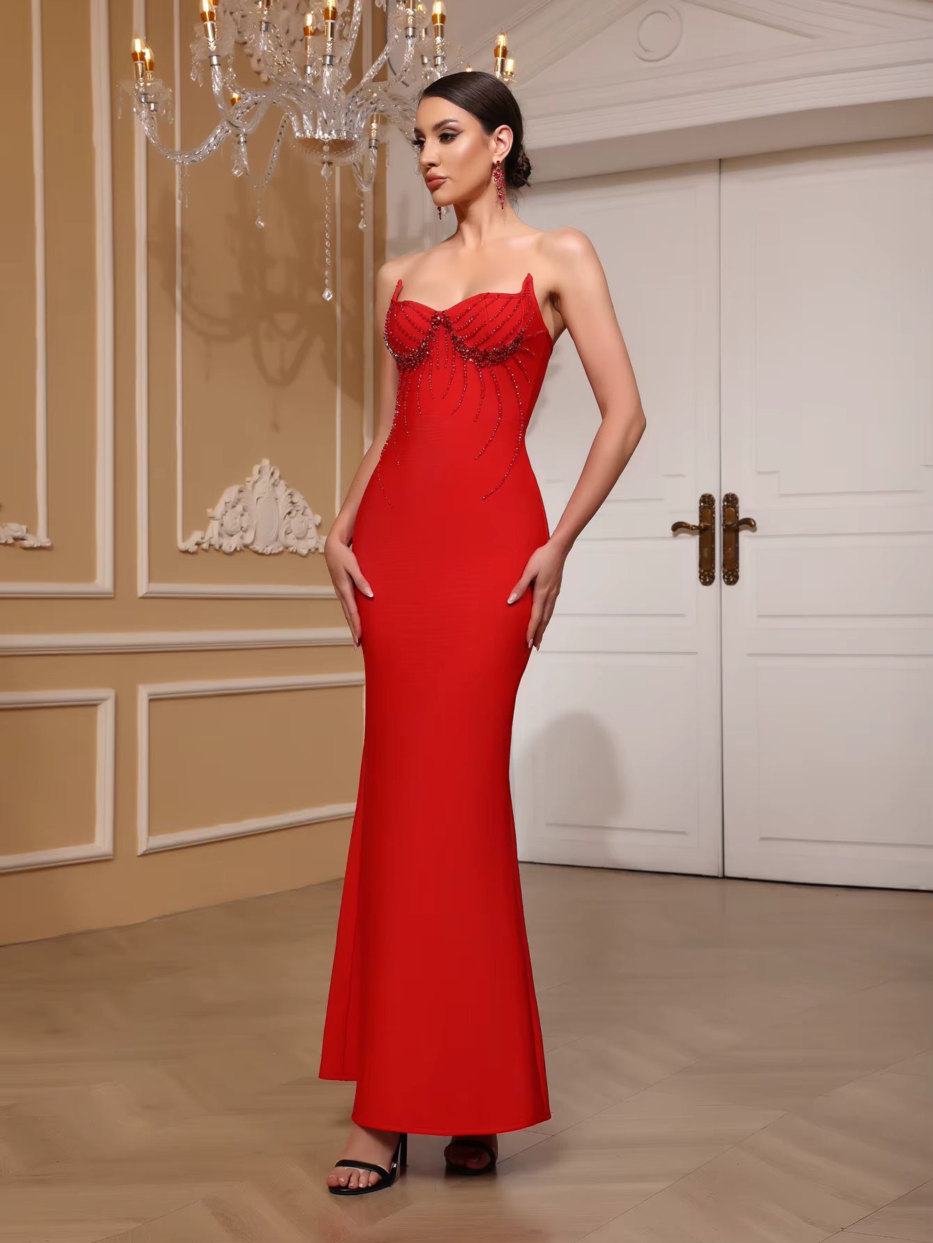 Strapless Red Beading Bodycon Bandage Dress