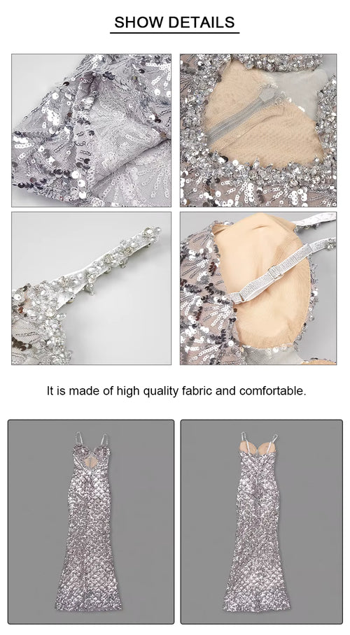 Deep V Plunge Neck Backless Sequins Mesh Evening dress