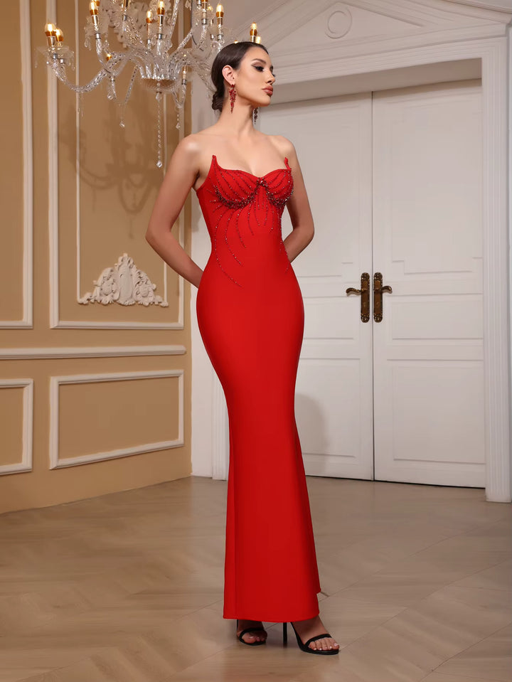 Strapless Red Beading Bodycon Bandage Dress