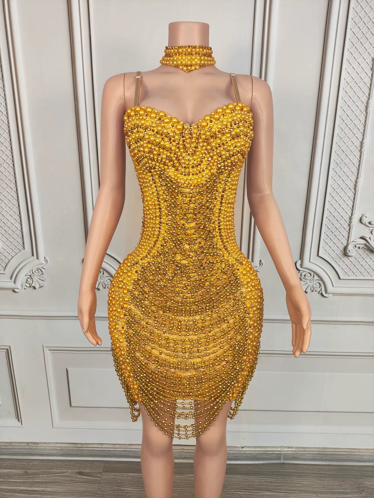 Crystal and Pearl Fringe Chain Mini Dress