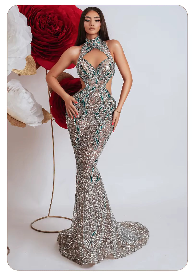 Sparkling Green Sequins Crystal Cut-Out Mermaid Sleeveless Dress