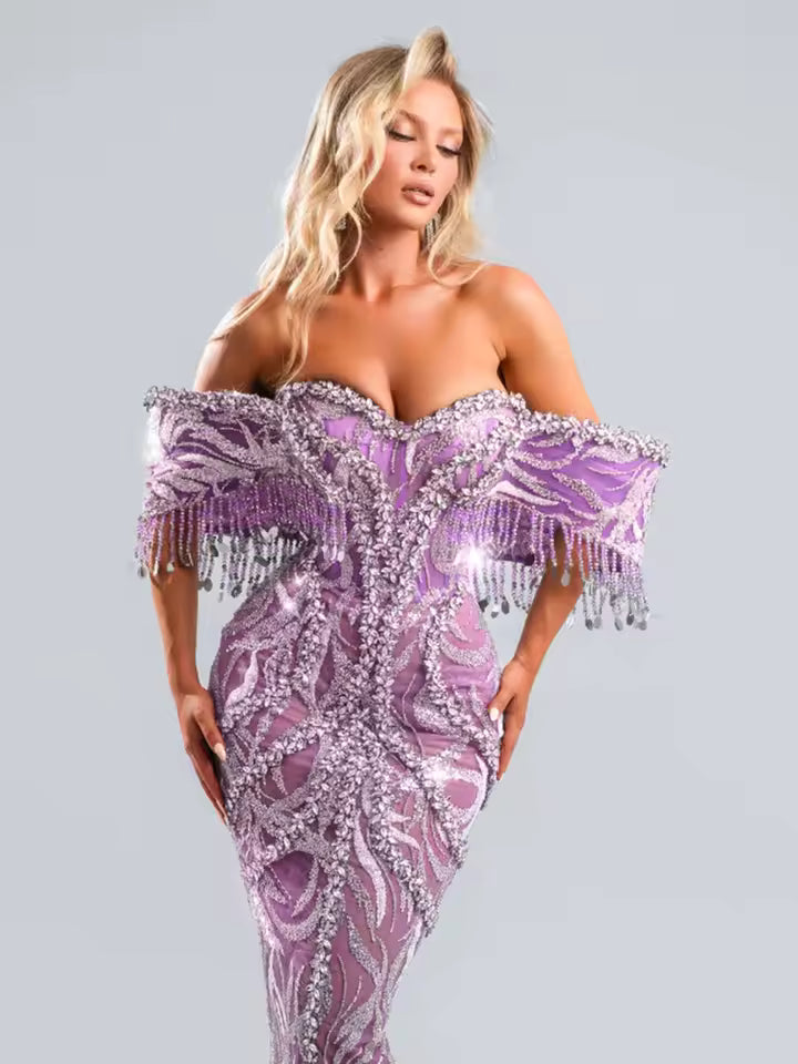 Elegant Pink Mesh Crystal Fringe Off-Shoulder Mermaid Evening Gown