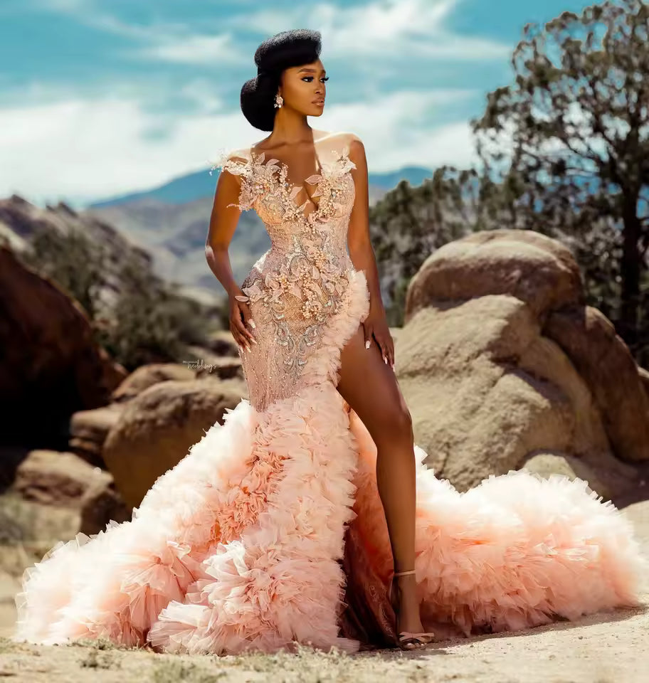 Custom Pink Ruffled Long formal Dress