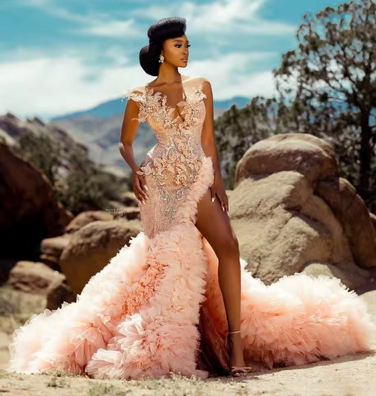 Custom Pink Ruffled Long formal Dress