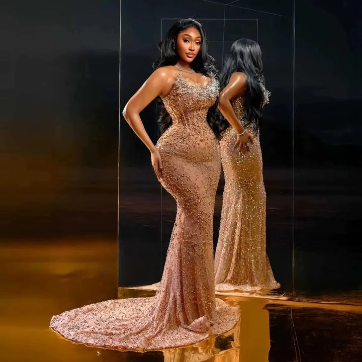 Custom Fully Beaded Champagne Long Prom Dress