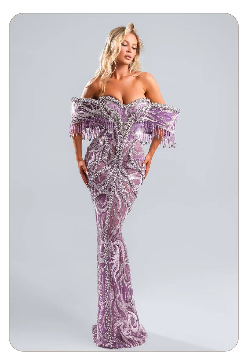 Elegant Pink Mesh Crystal Fringe Off-Shoulder Mermaid Evening Gown