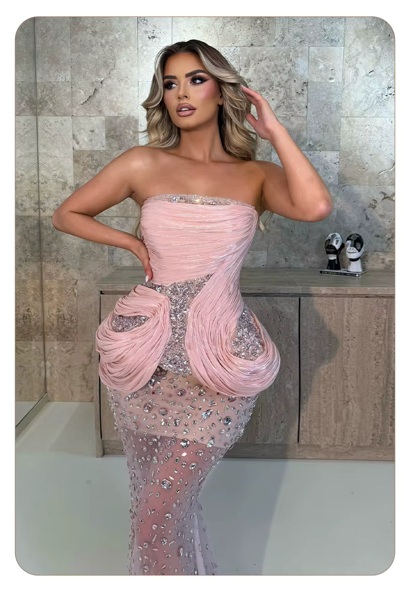Pink Sheer Mesh Evening Maxi Dress – Draped Ruched Bodice with Sequin Waist Elegant Party Formal Gown