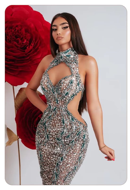 Sparkling Green Sequins Crystal Cut-Out Mermaid Sleeveless Dress