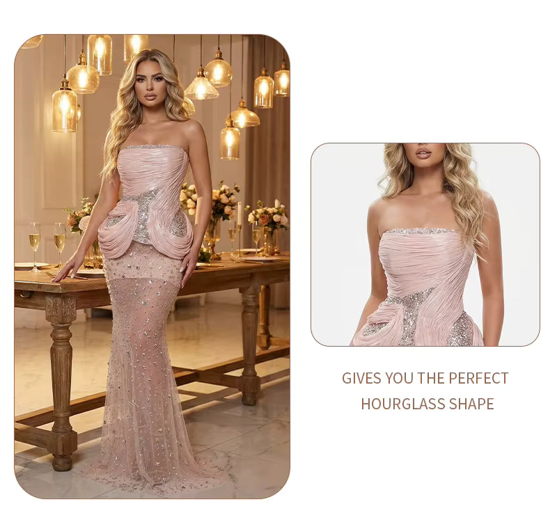 Pink Sheer Mesh Evening Maxi Dress – Draped Ruched Bodice with Sequin Waist Elegant Party Formal Gown