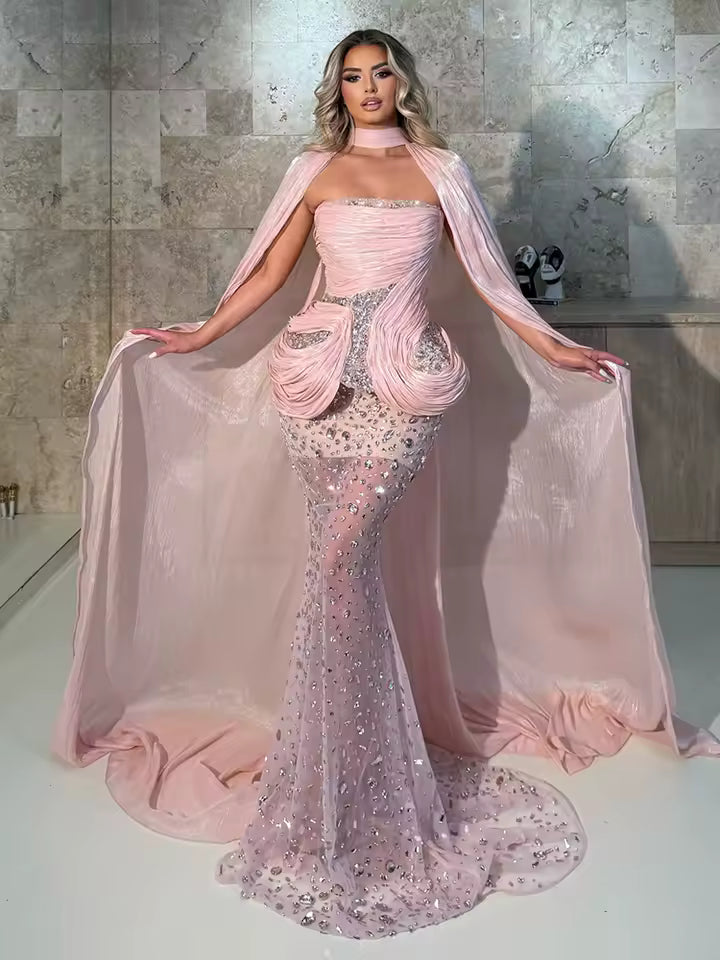 Pink Sheer Mesh Evening Maxi Dress – Draped Ruched Bodice with Sequin Waist Elegant Party Formal Gown