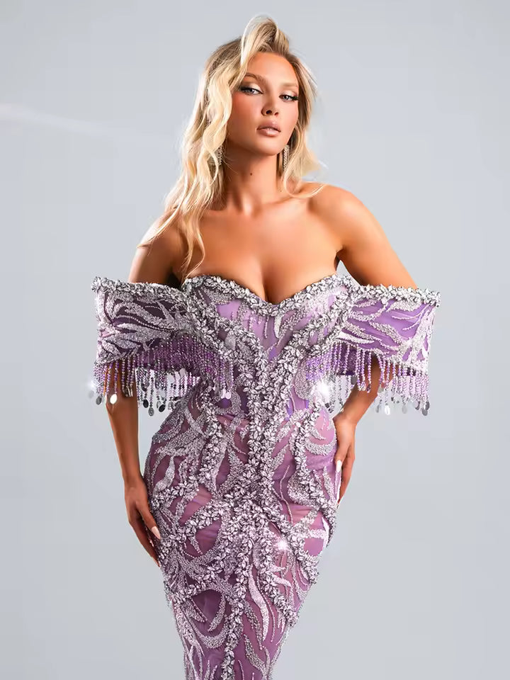 Elegant Pink Mesh Crystal Fringe Off-Shoulder Mermaid Evening Gown