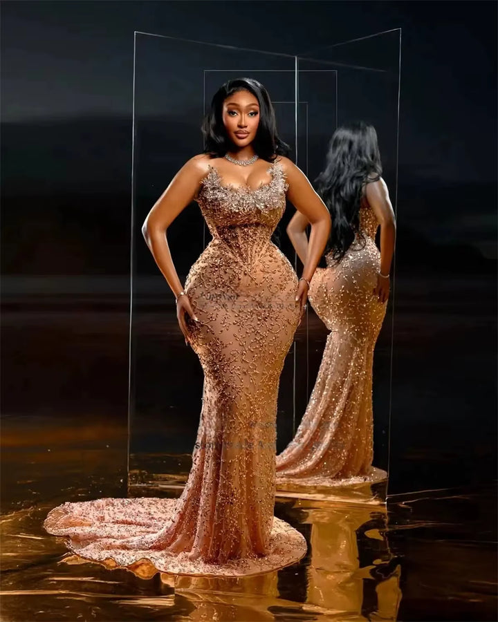 Custom Fully Beaded Champagne Long Prom Dress