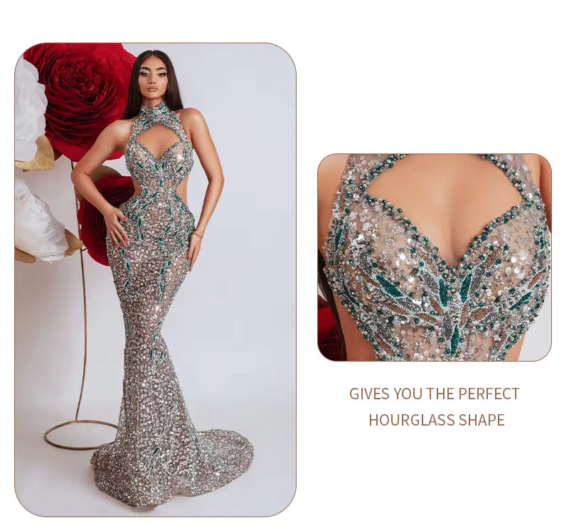 Sparkling Green Sequins Crystal Cut-Out Mermaid Sleeveless Dress