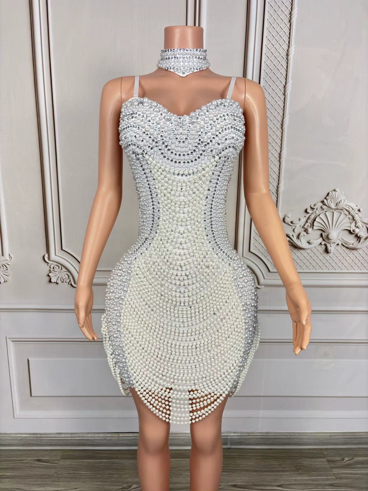 Crystal and Pearl Fringe Chain Mini Dress