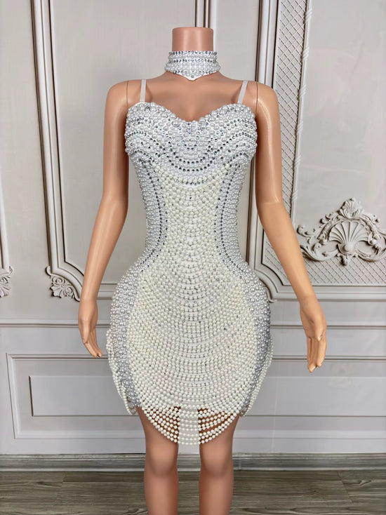 Crystal and Pearl Fringe Chain Mini Dress
