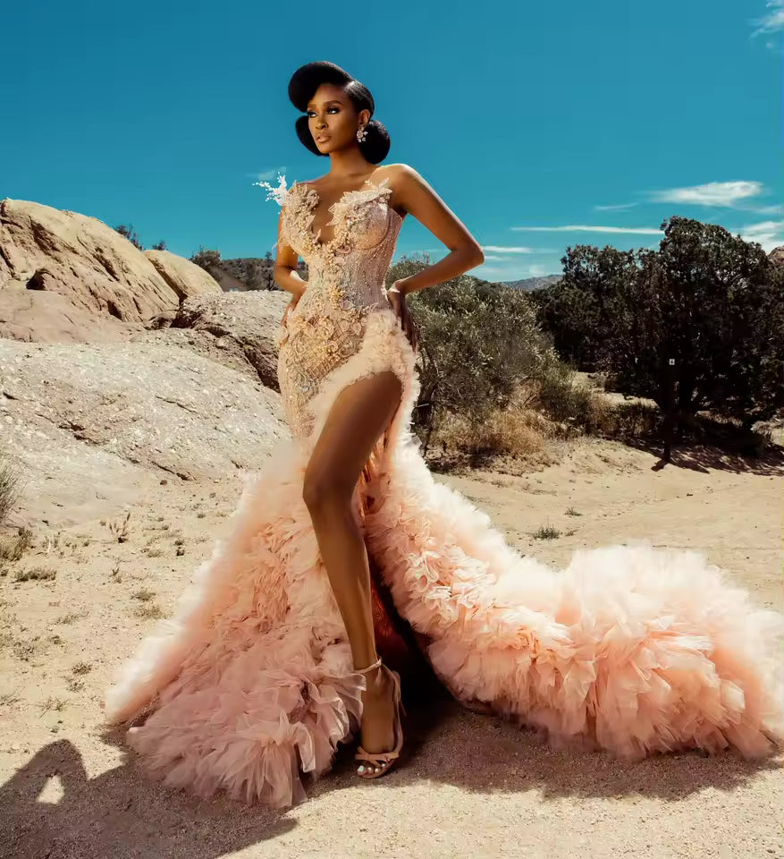 Custom Pink Ruffled Long formal Dress