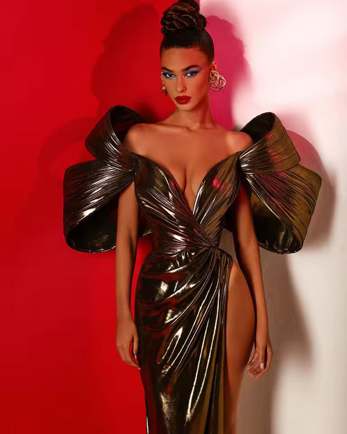 Custom Classic Leather Look Evening Dress with Cap Sleeves and High Split