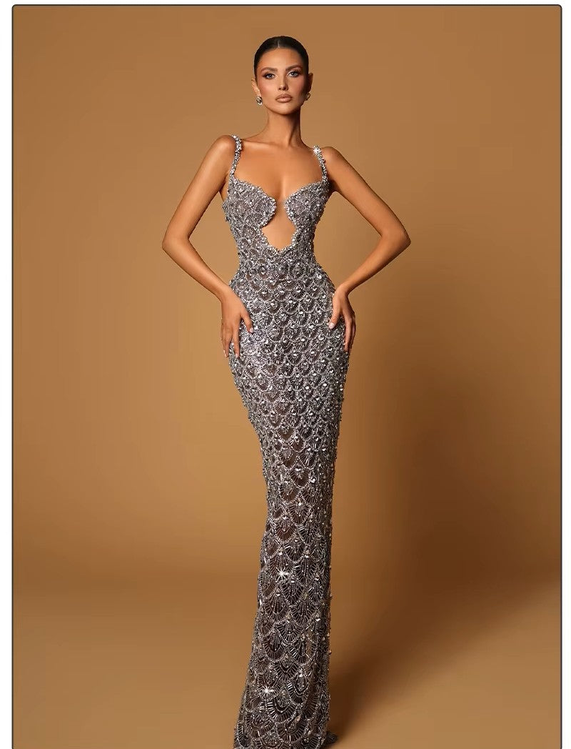 Deep V Plunge Neck Backless Sequins Mesh Evening dress
