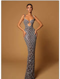 Deep V Plunge Neck Backless Sequins Mesh Evening dress