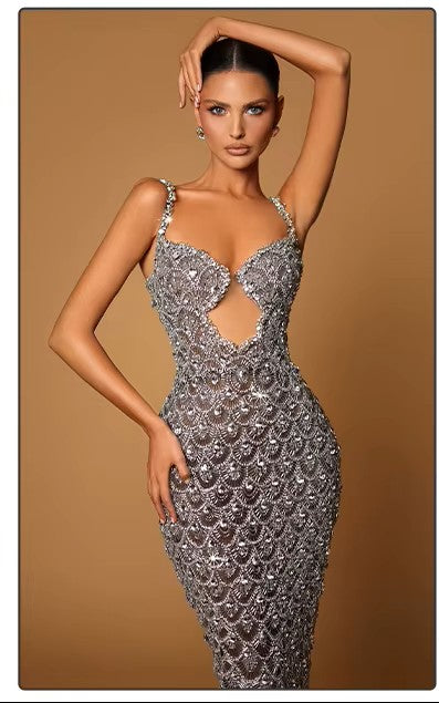 Deep V Plunge Neck Backless Sequins Mesh Evening dress