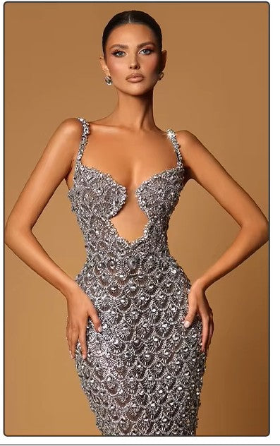 Deep V Plunge Neck Backless Sequins Mesh Evening dress