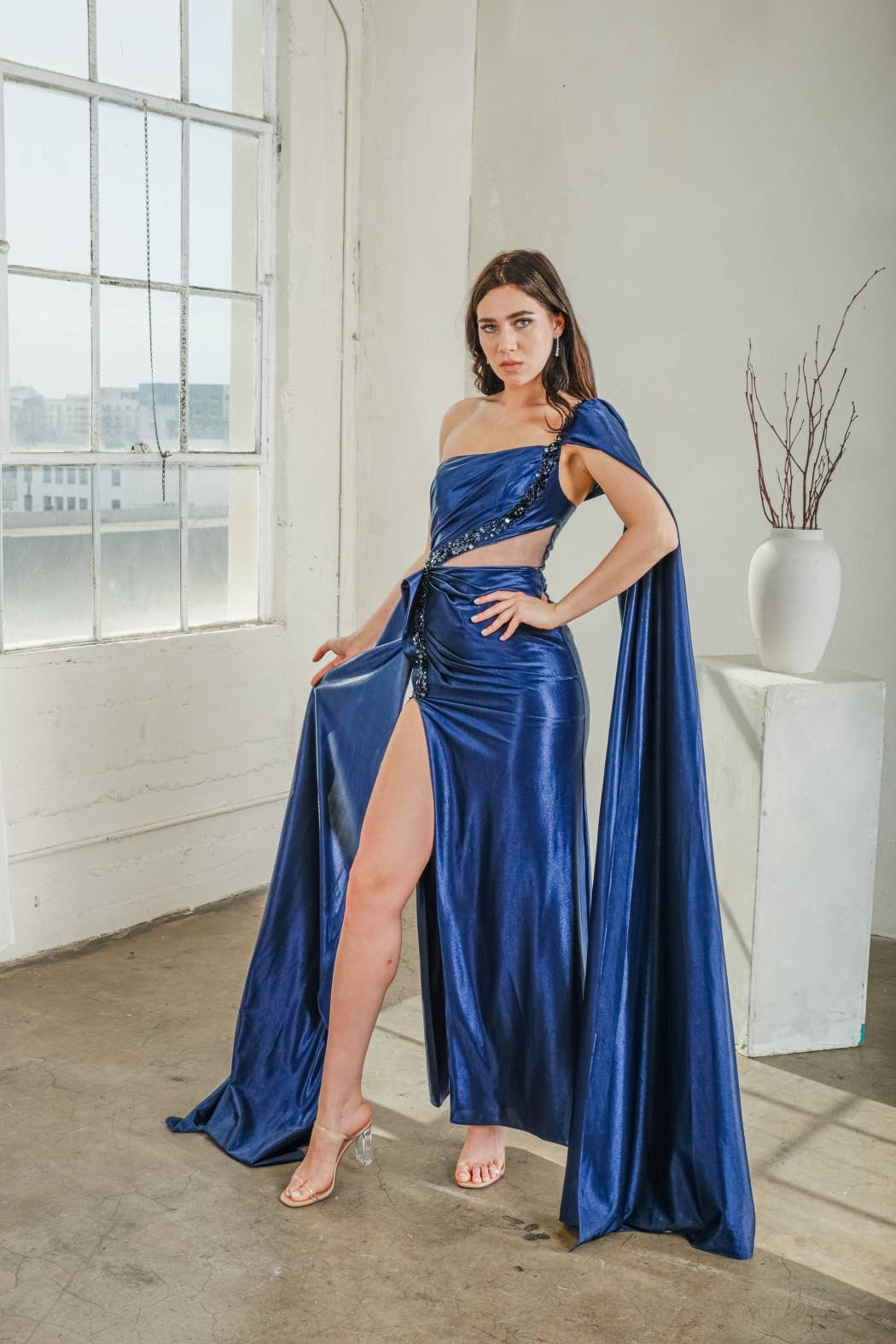 One shoulder draped Sleeve high slit evening dress