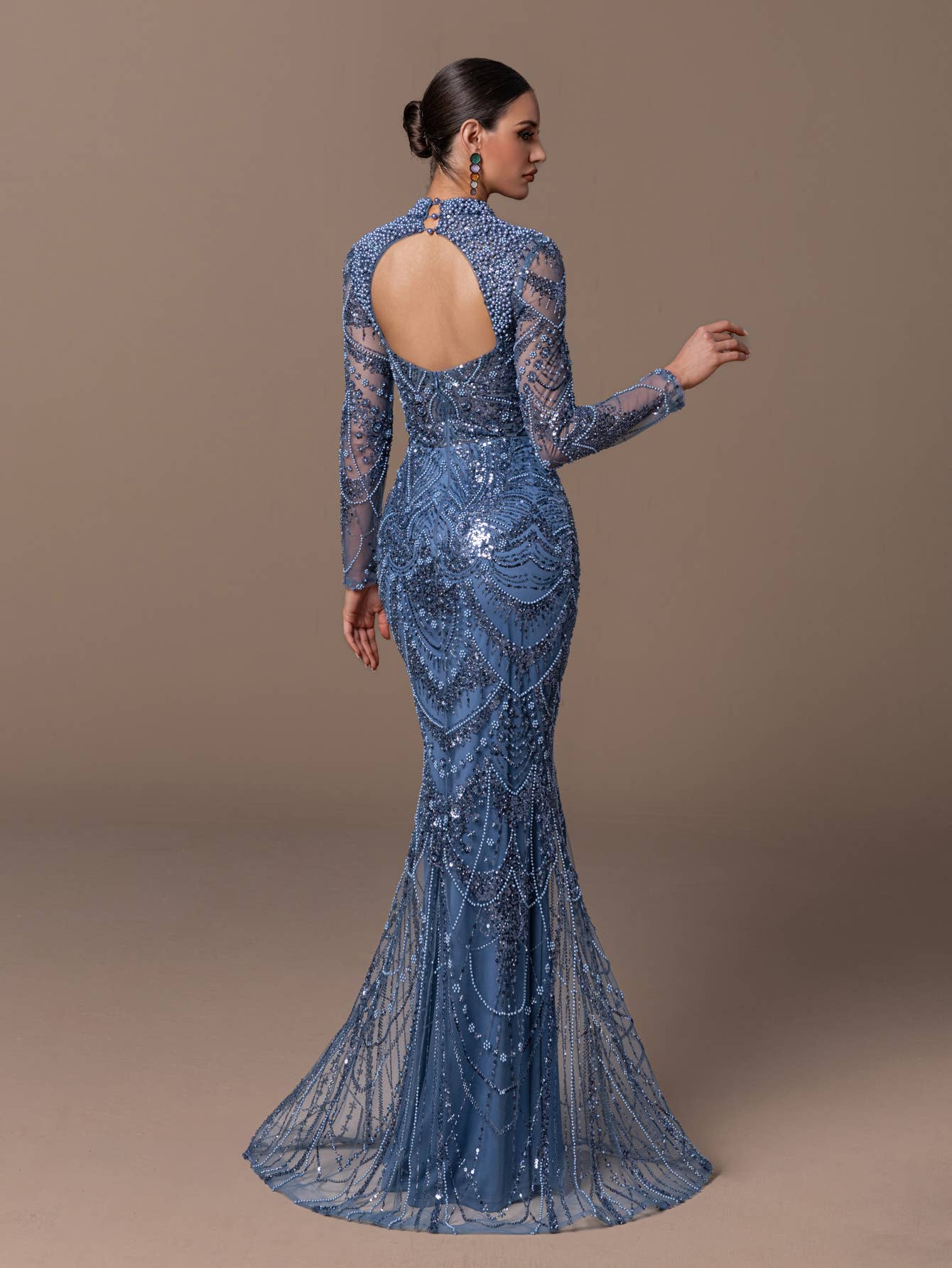 Blue Long Sleeved High Neck Beaded Dress