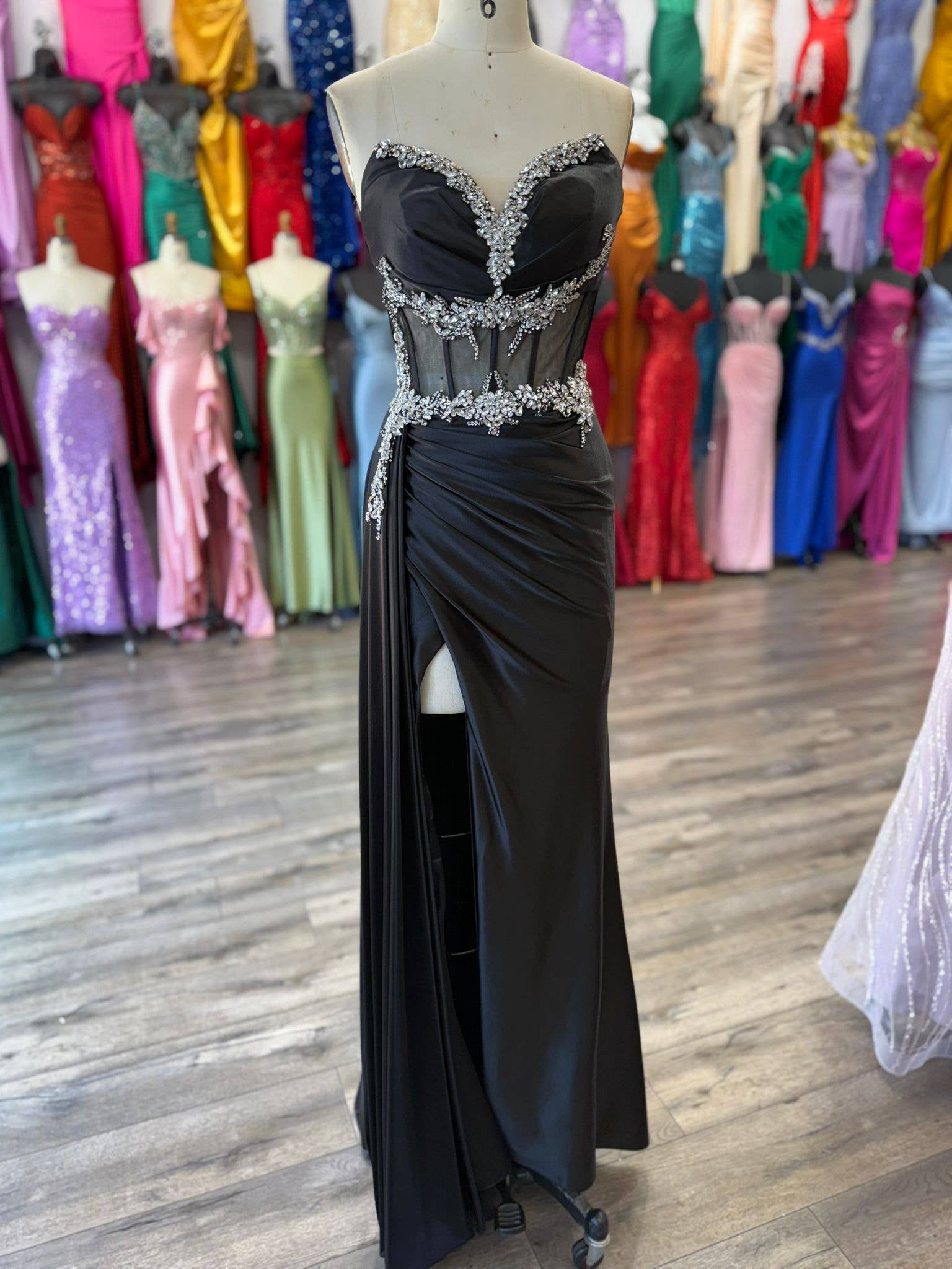 FOR FITTED BEADED HIGH SLIT SATIN DRESS