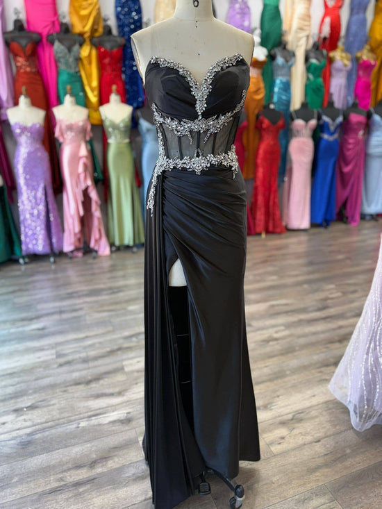 FOR FITTED BEADED HIGH SLIT SATIN DRESS