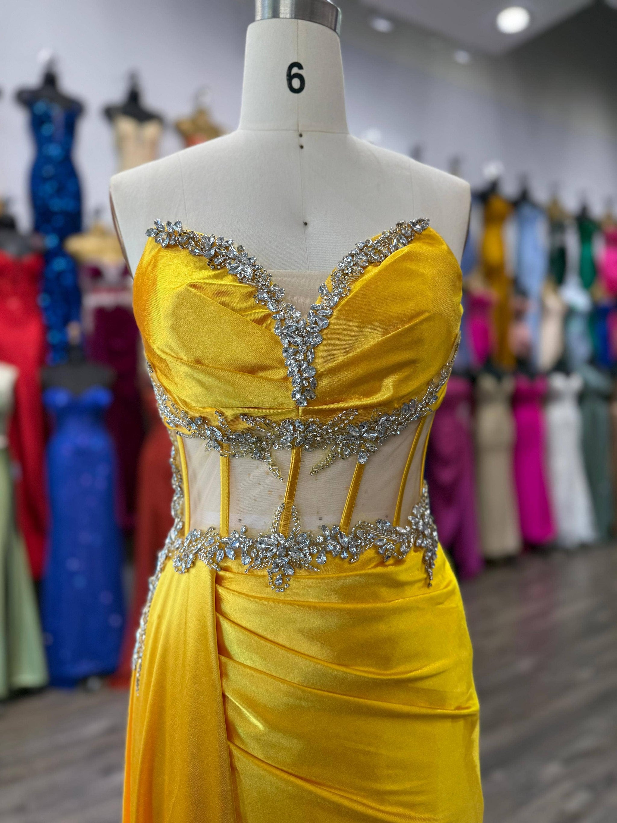 FOR FITTED BEADED HIGH SLIT SATIN DRESS