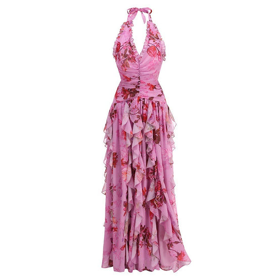 Pink Floral Ruffle Short Sleeve Dress