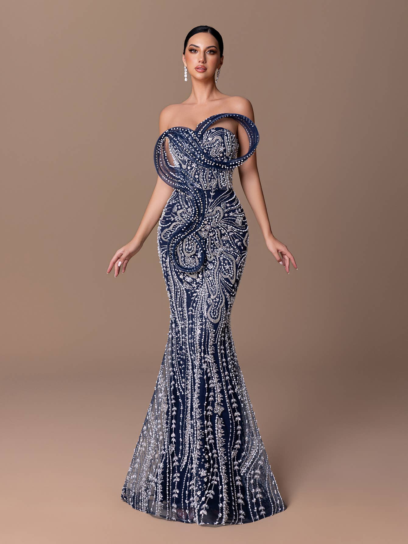 Navy Sequin Front Deco Dress