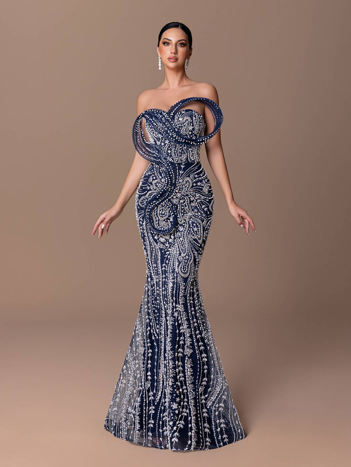 Navy Sequin Front Deco Dress