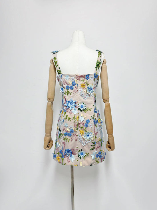 3D Floral Suspender Mini Dress with Slim High Waist