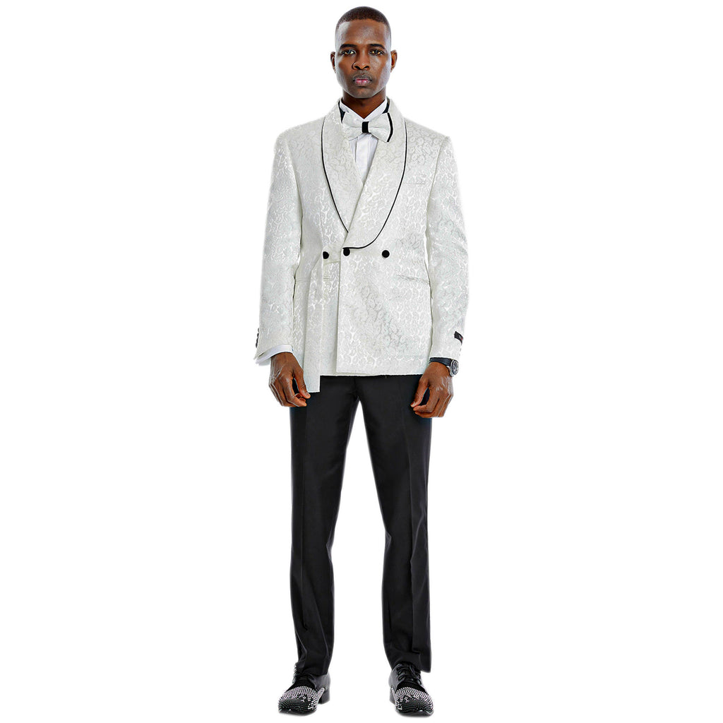Tazzio 2pc Textured Paisley Double-Breasted Suit, White