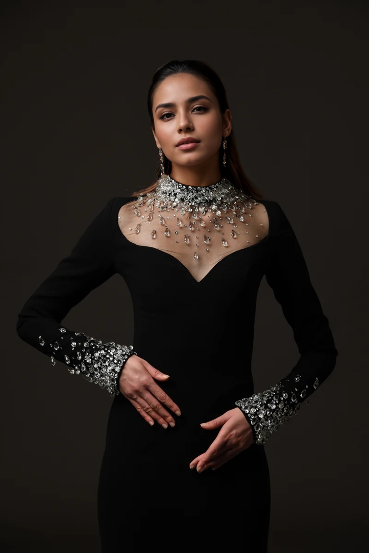 Luxury Hand-Beaded Rhinestone Long Evening Dress