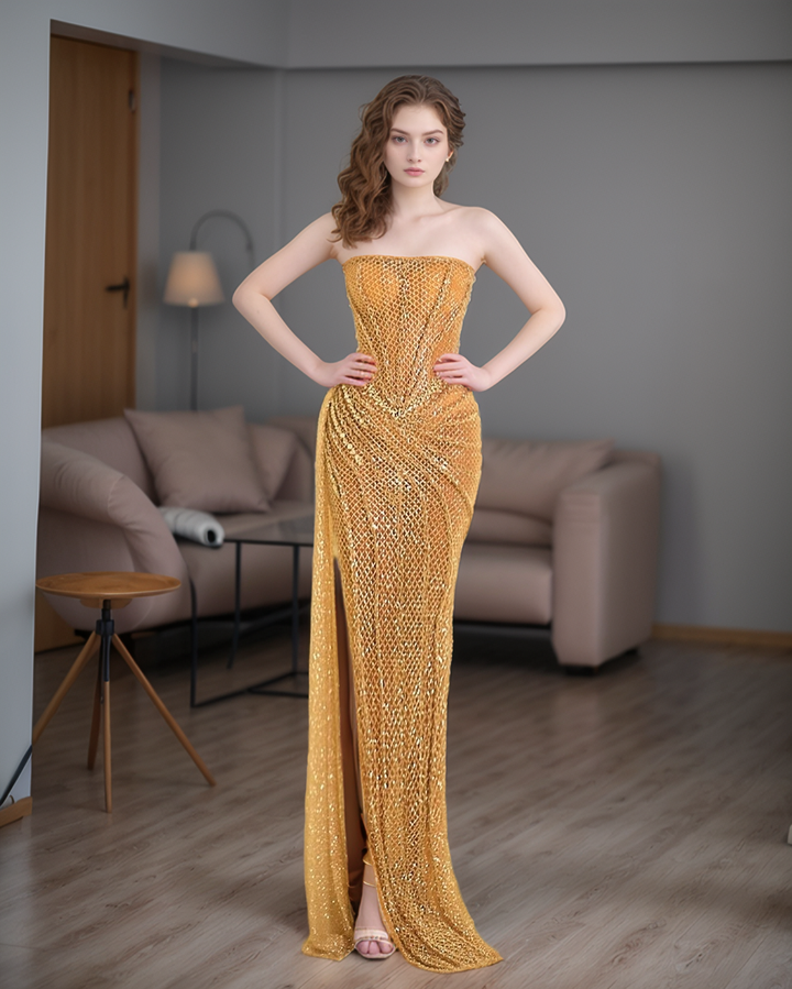 Elegant One-Shoulder Sequin Party Dress with Side Slit