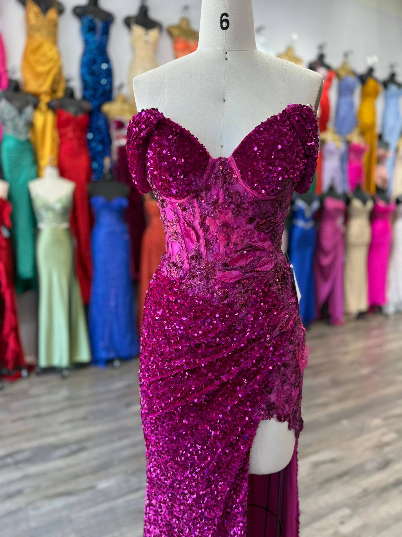 Off Shoulder sweetheart neckline, rhinestone embellished bus