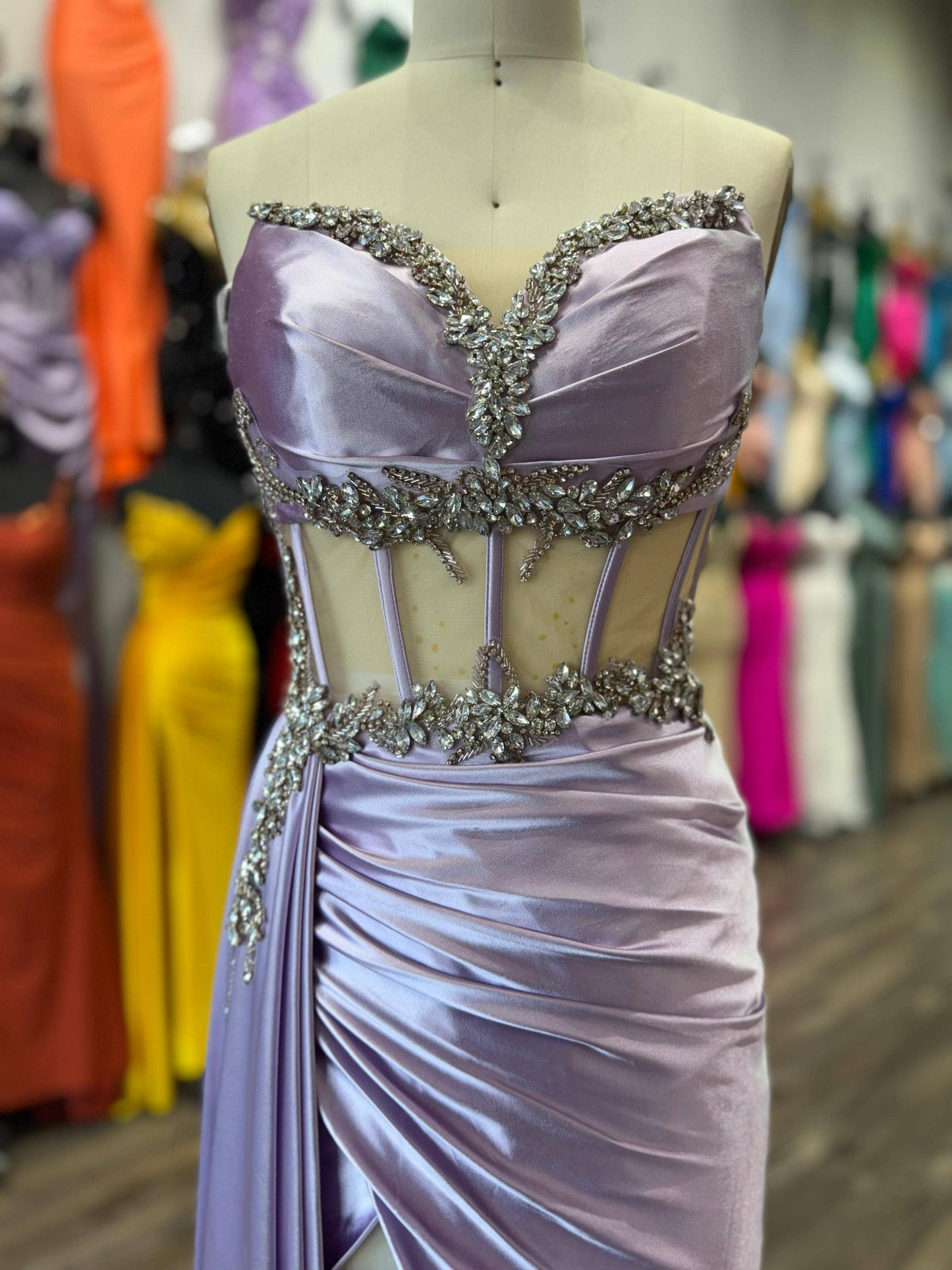 FOR FITTED BEADED HIGH SLIT SATIN DRESS