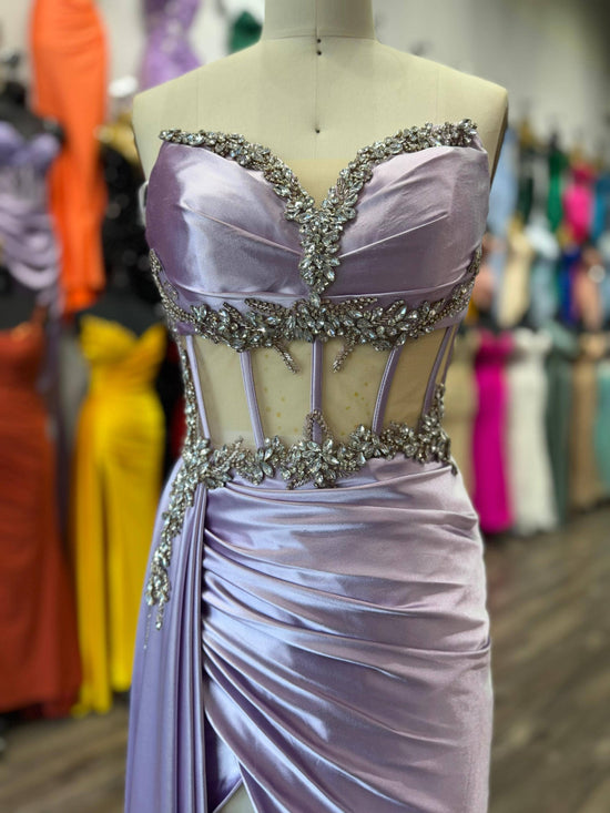 FOR FITTED BEADED HIGH SLIT SATIN DRESS