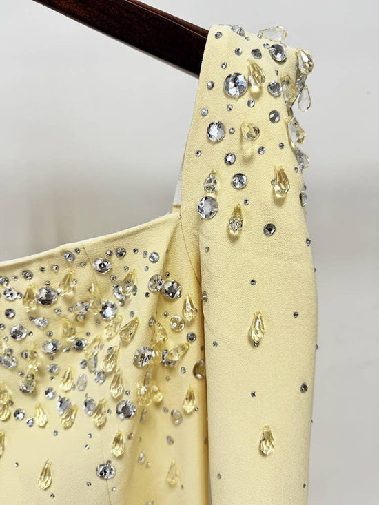 Square Neck Yellow Gown with Hand-Beaded Diamonds