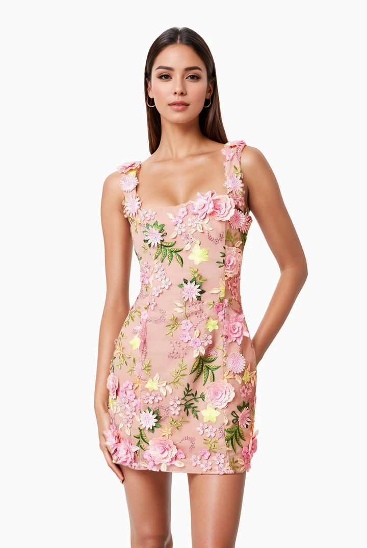 3D Floral Suspender Mini Dress with Slim High Waist