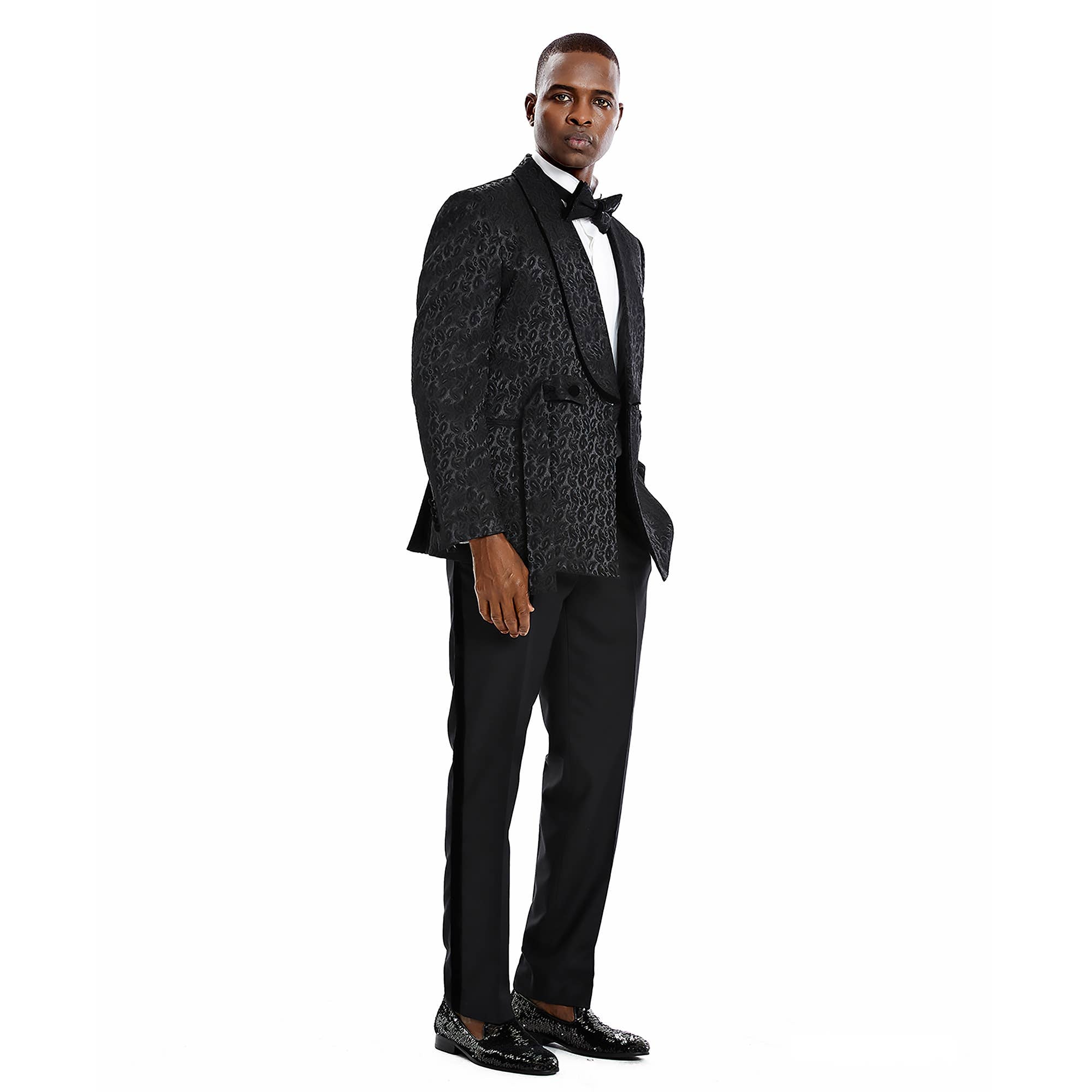 Tazzio 2pc Textured Paisley Double-Breasted Suit, Black