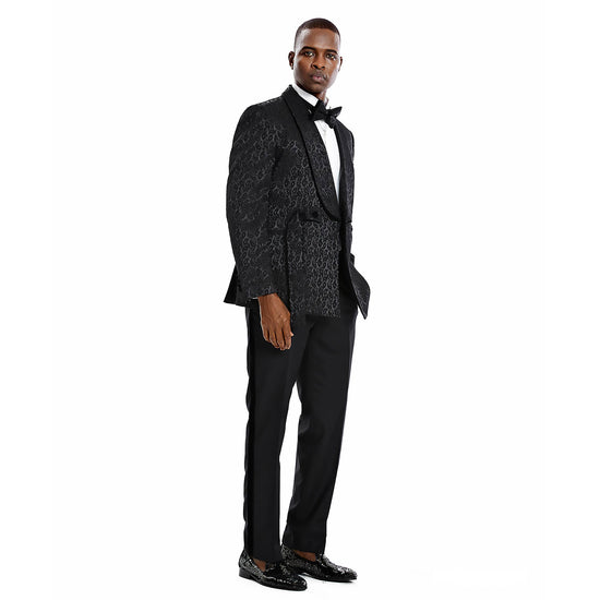 Tazzio 2pc Textured Paisley Double-Breasted Suit, Black