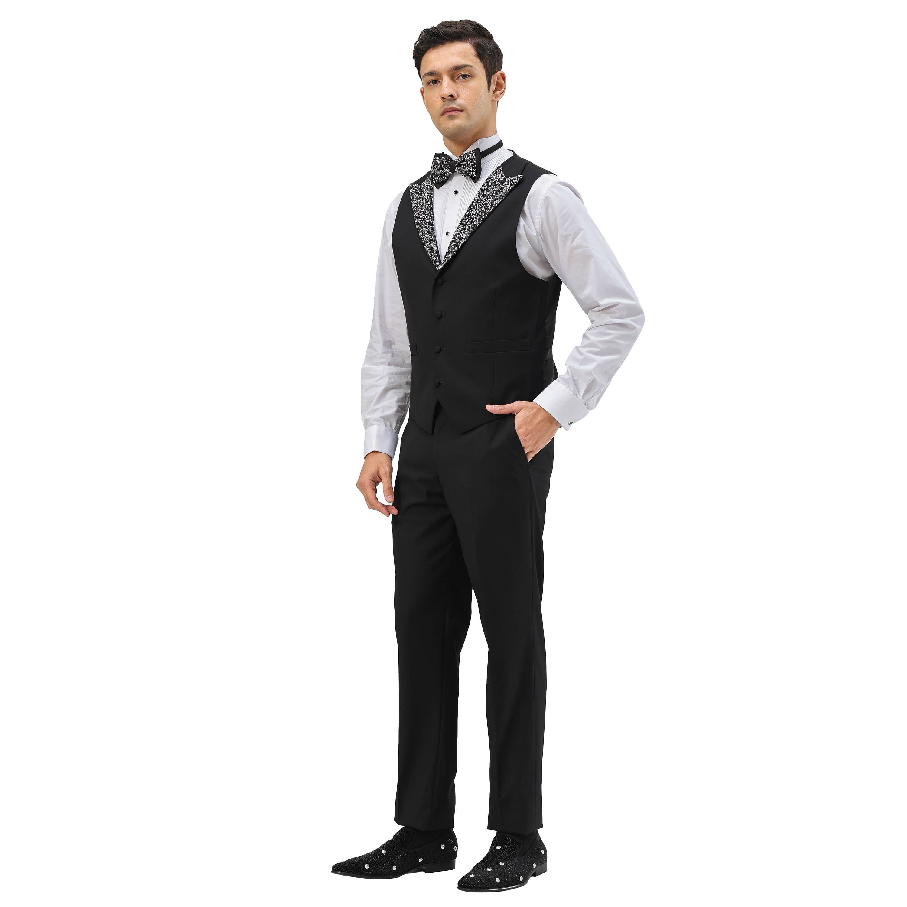 Men's Skinny 3pc Tuxedo w Stone-Studded Peak Lapel, Black