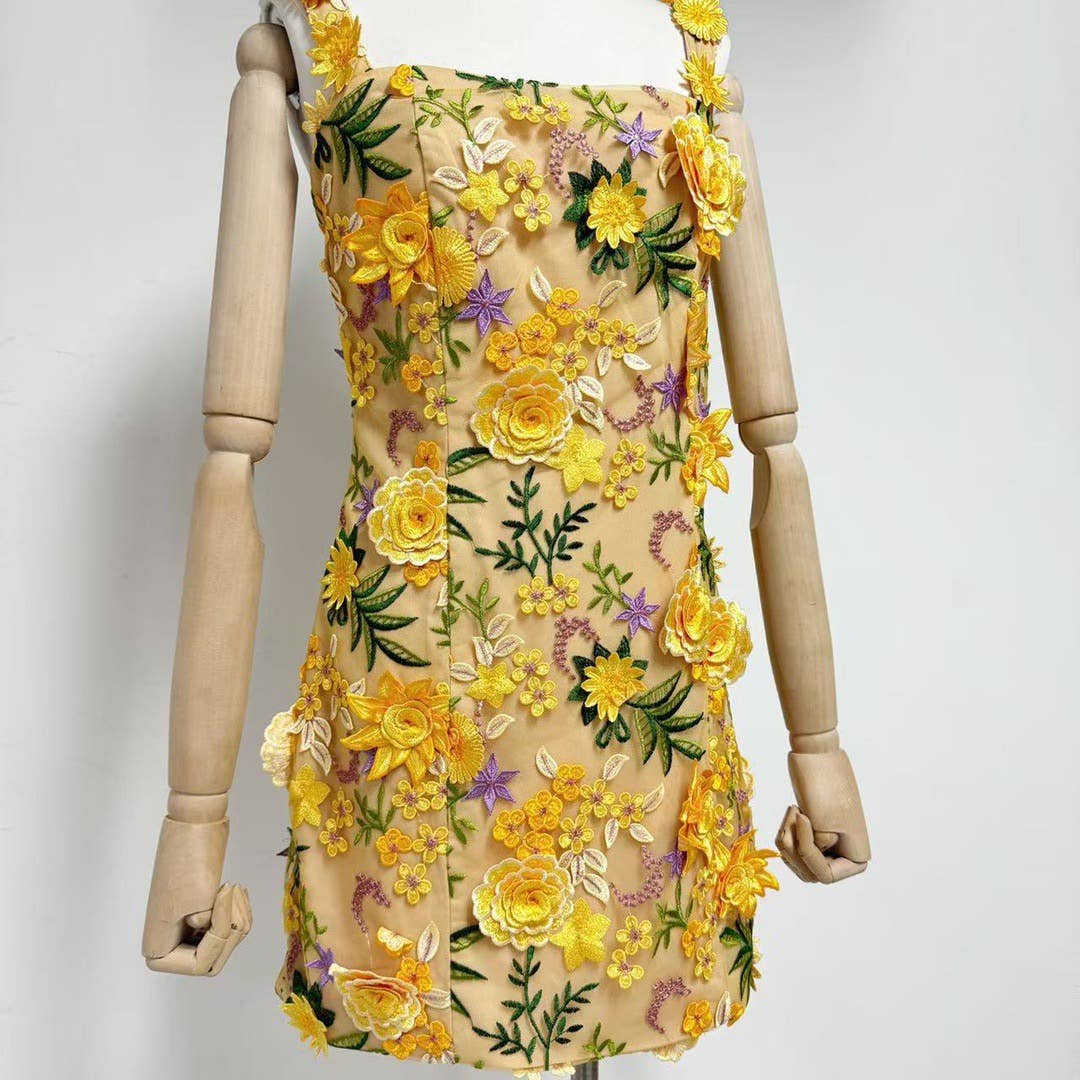 3D Floral Suspender Mini Dress with Slim High Waist