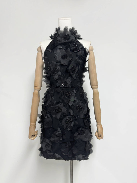 Halter Neck Sequin 3D Floral Backless Mini Dress