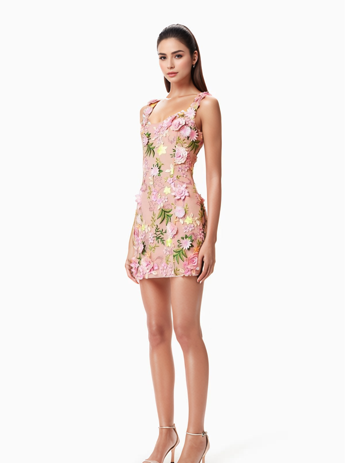 3D Floral Suspender Mini Dress with Slim High Waist